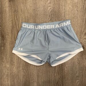 Under Armour Play up light blue shorts with white trim